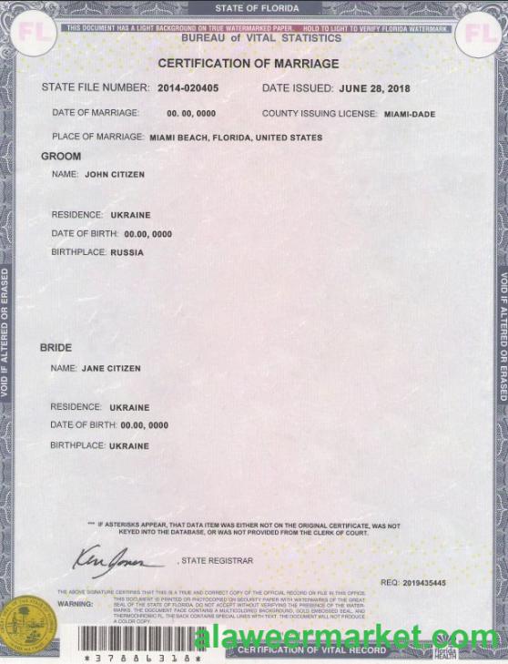 USA Florida state marriage certificate template in PSD format